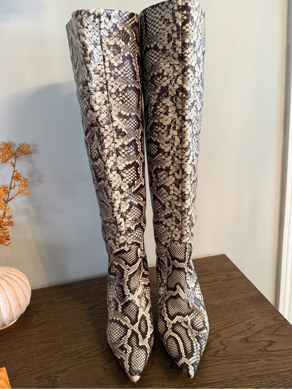 Snake-Print Knee-High Stiletto Boots - Picture 3 of 7